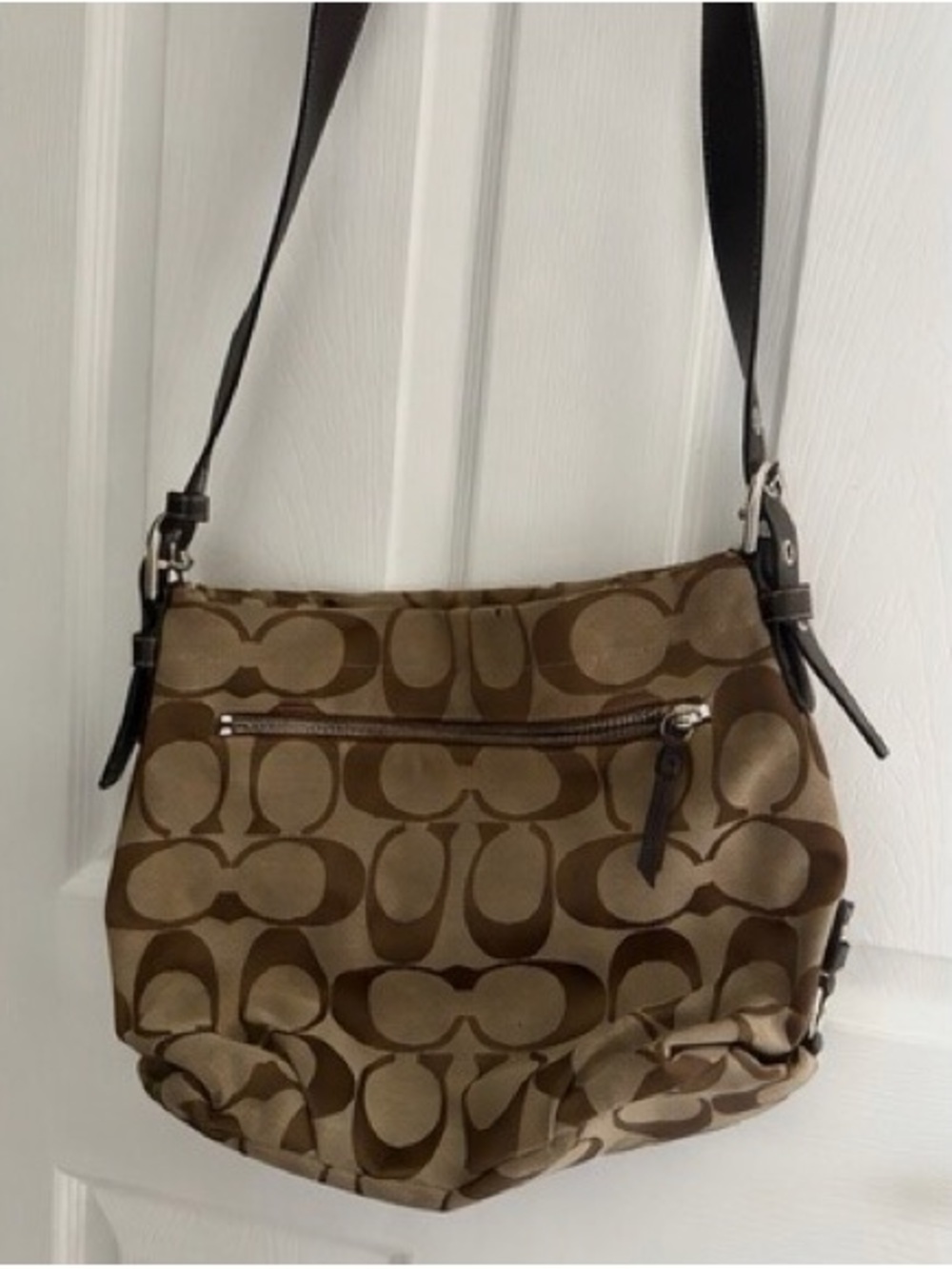 Coach Brown Signature Canvas Shoulder Bag with Dark Brown Trim